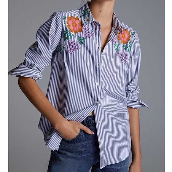 Anthropologie Maeve Floral Heart Embroidery Striped Button Down Blue White 12 - Picture 1 of 9